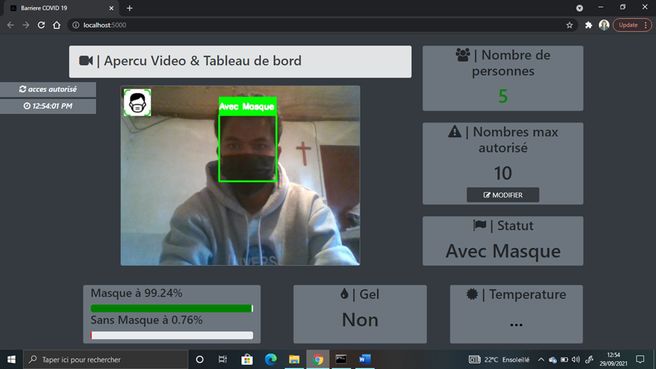 Écran de l’application quand la caméra détecte une personne portant un masque