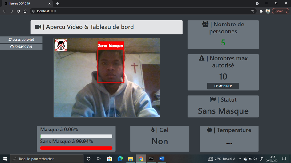 Écran de l’application quand la caméra ne détecte pas de masque
